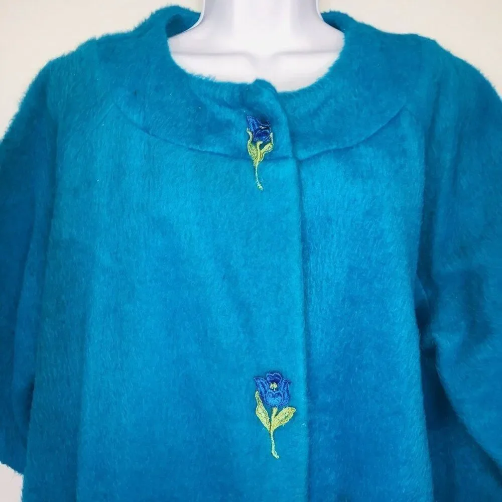 Vintage 50s 60s La Mar Frocks Robe Teal Blue Bathrobe Floral Womens L Faux Fur